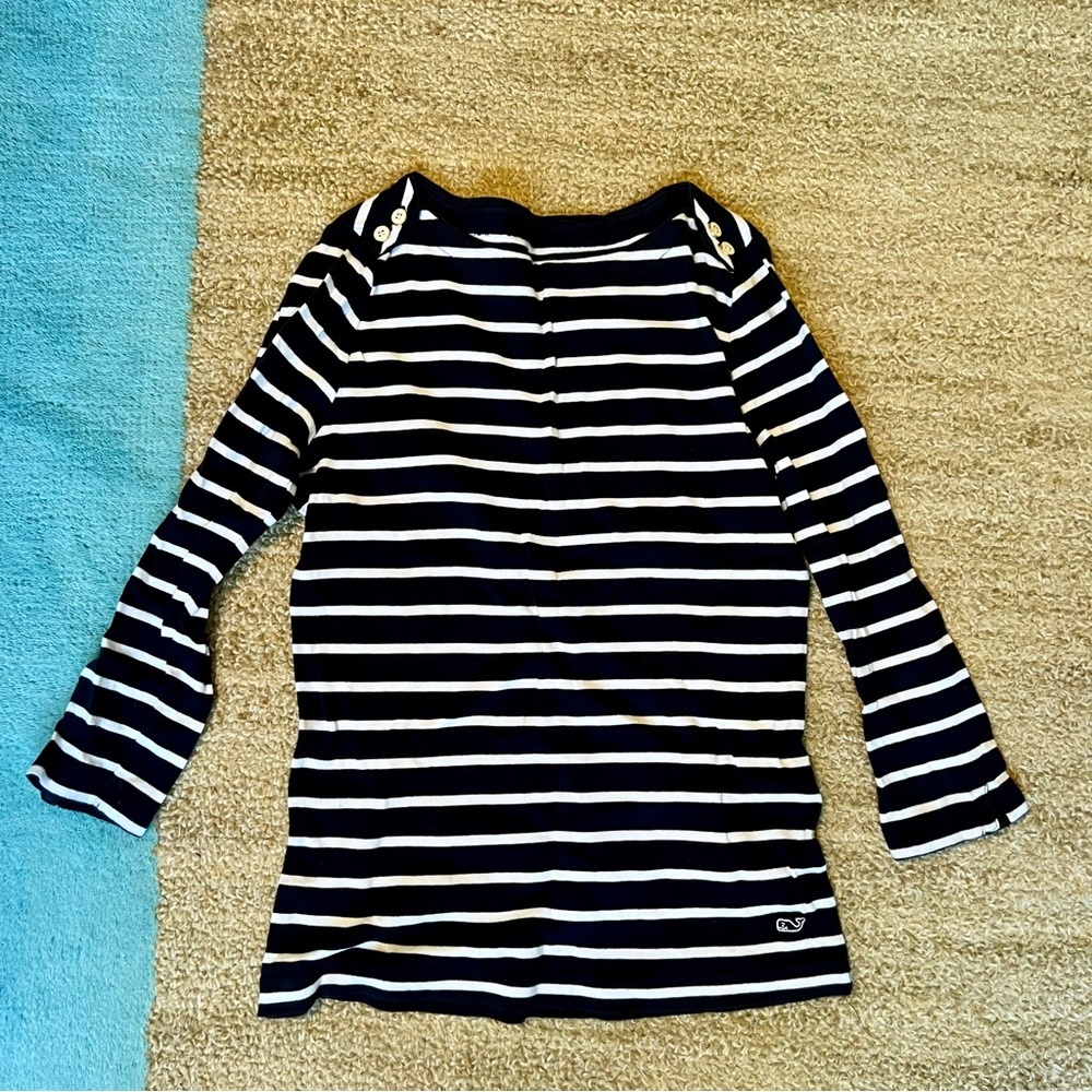 Vineyard Vines Navy White Stripe 3/4 Sleeve Cotton Top